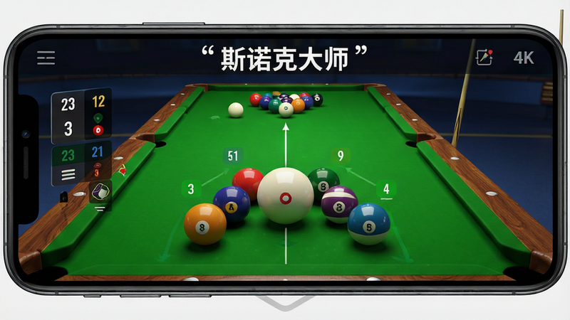 主体为斯诺克大师手机应用界面,布局展示绿色台球桌中央,白色母球与彩色目标球分布,排版清晰显示得分板与击球辅助线,风格为现代写实3D渲染,细节包含球体光泽与木质桌沿纹理,画质4k高清,干净无多余元素,文字“斯诺克大师”加引号置于顶部