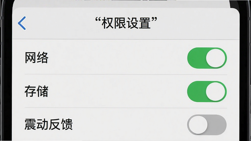 主体为手机设置界面截图风格,布局展示斯诺克大师权限管理页面,排版列出网络、存储、震动反馈选项,风格为扁平化UI设计,细节包含绿色开启开关与灰色关闭状态,画质清晰,干净界面,文字“权限设置”加引号置于标题栏