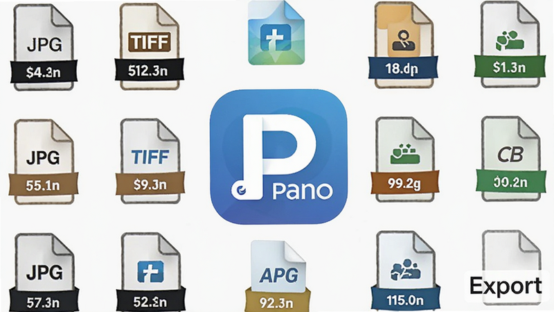 一个文件图标集合,中心是 Pano 应用的 Logo,周围环绕着 JPG、TIFF 等格式图标,主体为文件管理界面,布局环绕式,风格极简主义,细节展示文件大小的标签,画质高清,无多余元素,文字“Export”位于右下角