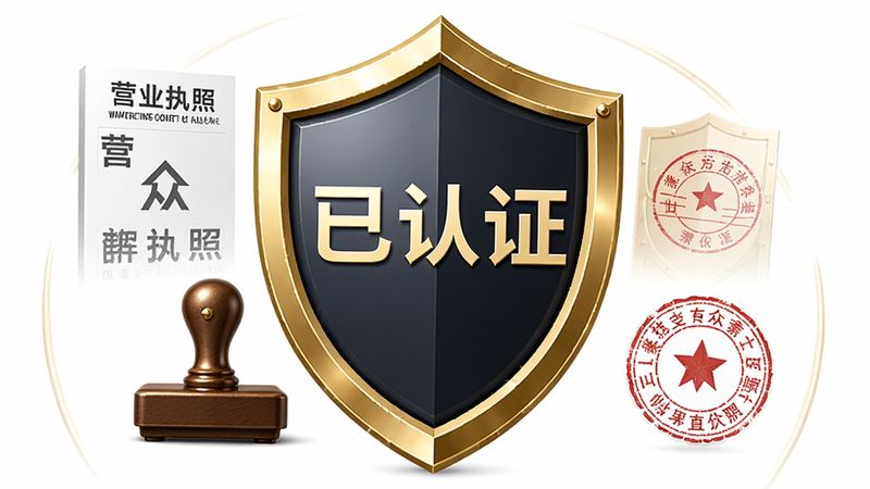主体为万众直聘的企业认证盾牌图标,布局中心为大号盾牌,内含'已认证'文字,周围环绕营业执照、公章等元素,风格稳重可信,细节处有金色光泽,画质精良,强调安全性,背景纯白简洁