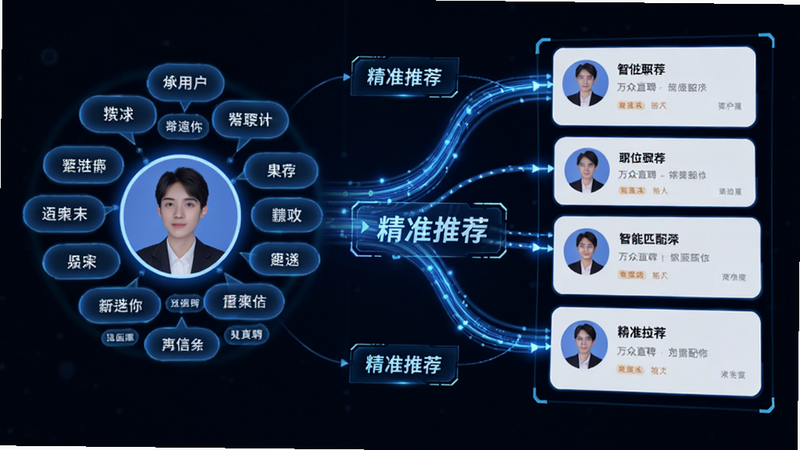 主体为万众直聘的智能匹配算法示意图,布局左侧为用户画像标签云,右侧为职位卡片流,中间通过发光线条连接,体现数据流动,风格科技感强,细节处有'精准推荐'字样,画质高清,清晰展示匹配逻辑,无杂乱背景
