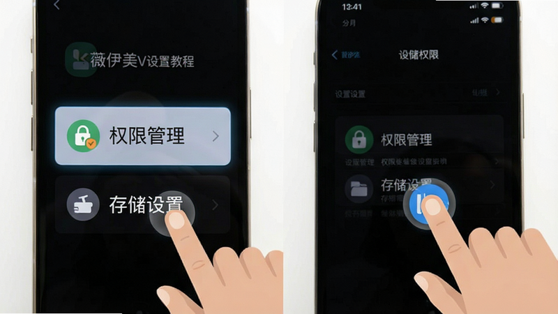 薇伊美V使用教程图解,展示手机屏幕上的设置界面,高亮显示“权限管理”与“存储设置”选项,旁边配有手指点击操作的示意图,背景为简洁的白色,布局上下结构,风格扁平化设计,细节包含图标高亮效果,画质清晰锐利,干净无多余装饰,文字“设置权限”清晰可见