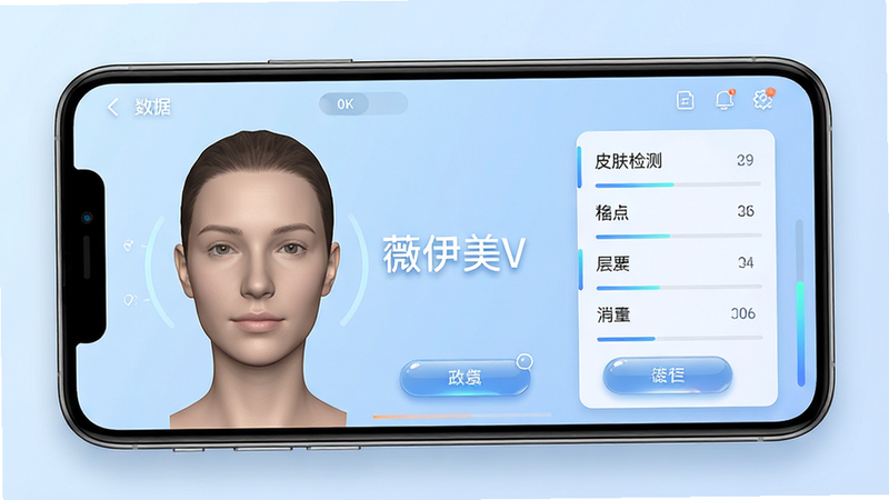 薇伊美V安卓版应用界面全景预览图,主体为手机屏幕特写,显示清晰的皮肤检测仪表盘界面,左侧为3D人脸模型,右侧为数据列表,背景为柔和的浅蓝色渐变,布局整洁现代,排版清晰,风格简约科技感,细节包含光泽感按钮与微阴影,画质8k高清,干净无多余元素,文字“薇伊美V”居中显示