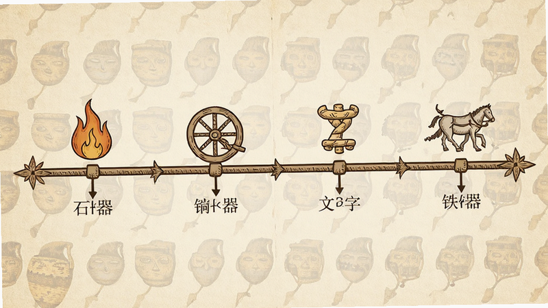 生成一张历史时间轴插图,展示从石器到青铜文明的演变,中间穿插火、轮子、文字、铁器四个图标,主体为时间轴,布局横向展开,风格复古简约,细节丰富,画质高清,干净,无多余元素