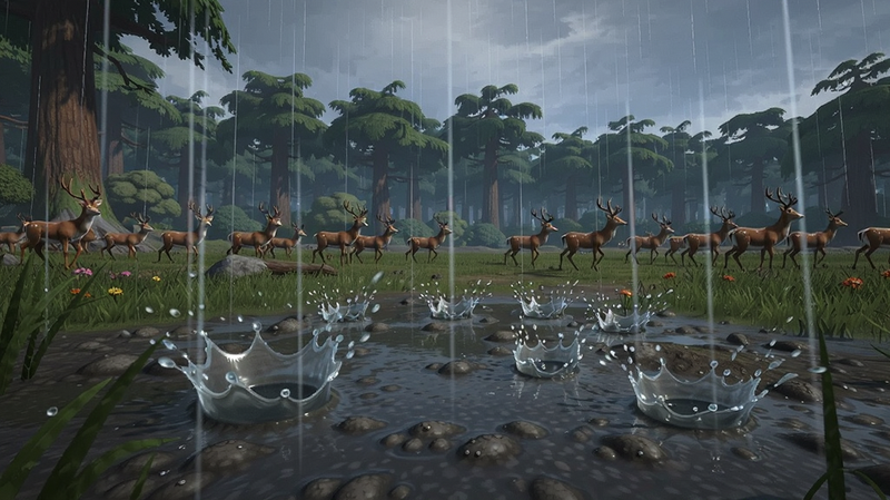 生成一张游戏内生态场景图,展示动态降雨效果,雨水打在地面溅起水花,远处有茂密的原始森林和迁徙的鹿群,主体突出自然互动的细节,布局开阔,风格写实,细节清晰,画质高清,干净,无多余元素