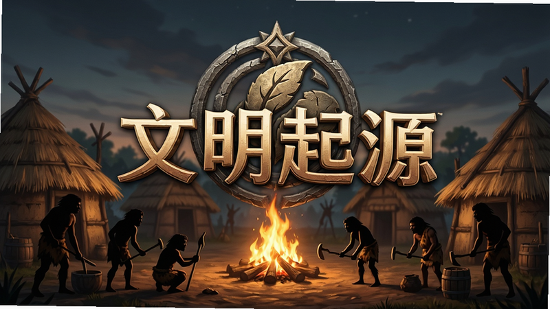 生成一张高清游戏宣传图,主体为《文明起源》游戏Logo,背景是远古部落营地,篝火燃烧,周围有简朴的茅草屋和正在劳作的原始人剪影,布局居中,排版大气,风格写实且带有史诗感,细节丰富,画质4K,干净,无多余元素