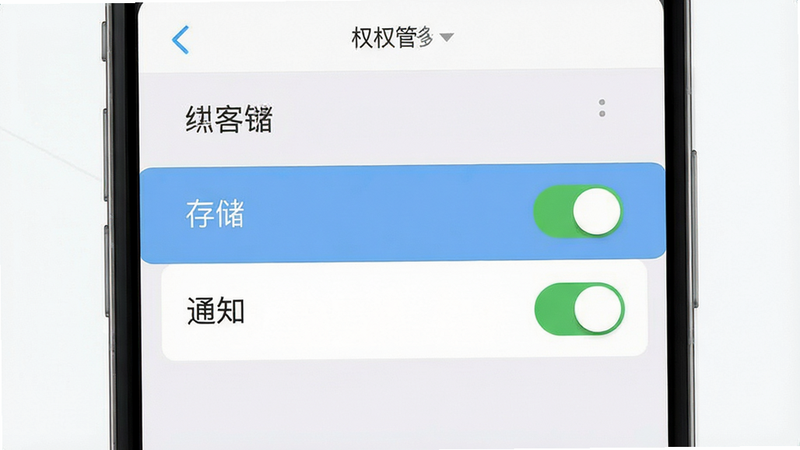 生成一张手机设置界面示意图,展示权限管理页面,高亮显示“存储”和“通知”权限开关,主体清晰,布局简洁,风格扁平化,细节准确,画质清晰,干净,无多余元素