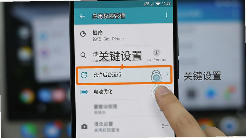 展示手机设置界面中“应用权限管理”的操作步骤截图,主体为安卓系统设置页面,高亮显示“允许后台运行”和“电池优化”选项,手指点击图标示意,文字标注“关键设置”,背景模糊,风格教程化,细节清晰,画质高清,干净无多余元素