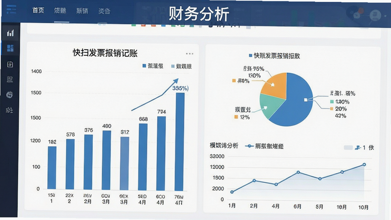 展示“快扫发票报销记账”的数据分析界面,布局包含柱状图、饼图与折线图,排版平衡,风格专业商务,细节显示数据标签与百分比,画质高清,干净,无背景噪声,文字“财务分析”作为模块标题