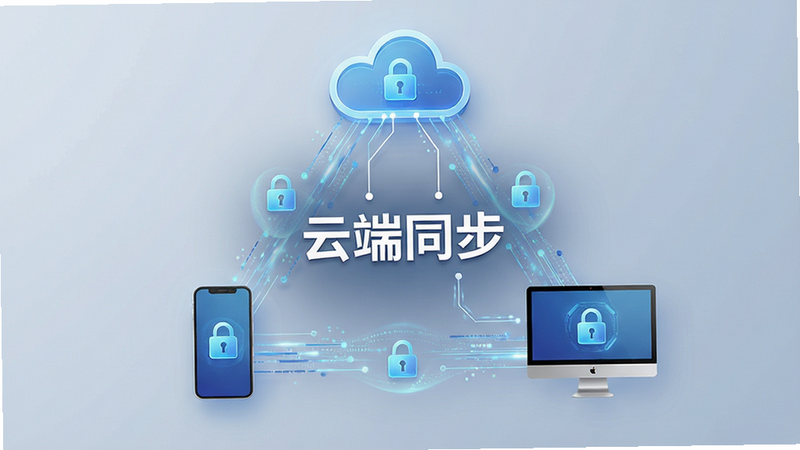 概念图展示云朵图标与手机、电脑屏幕之间的数据流动连线,主体为抽象的数据流,布局呈三角形结构,风格科技感强,细节包含锁形图标表示安全加密,画质精致,干净,无杂乱线条,文字“云端同步”以白色字体悬浮在中心