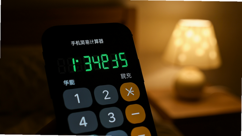 “手机简易计算器”在夜间环境下的界面预览,黑色背景,绿色或青色数字显示,模拟OLED屏幕效果,背景中有模糊的床头灯光影,营造温馨安静的氛围,电影质感,无文字水印