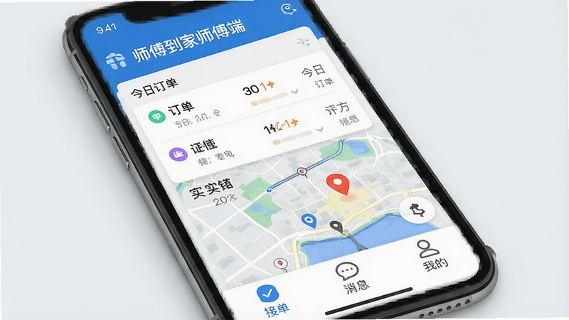 һ�Ÿ����ֻ�Ӧ�ý���չʾͼ������Ϊ��ʦ������ʦ���ˡ�App��ҳ������������������ʾ��ʦ������ʦ���ˡ����⣬�м�չʾ���ն����б���ʵʱ��ͼ��λ���ײ�Ϊ���ӵ�������Ϣ�����ҵġ��������ĵ�����������ִ���Լ����ɫ��ɫ����ϸ�ڷḻ�������������ɾ��޶���Ԫ��