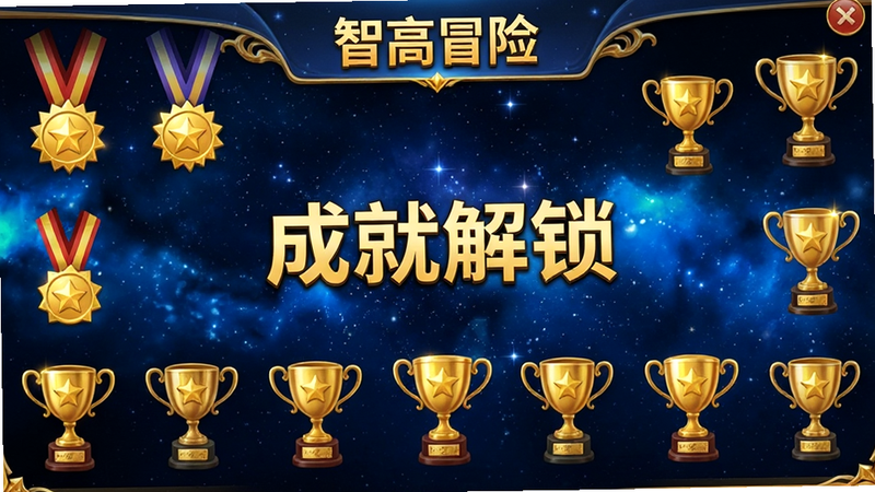 “智高冒险”游戏成就系统界面,展示各种金色勋章和奖杯,背景为深蓝色星空,文字“成就解锁”居中显示,风格华丽,细节丰富,画质高清