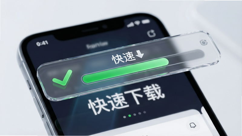 画面展示一个透明的下载进度条悬浮在手机界面上方,进度条内显示绿色对勾图标,背景模糊处理突出“快速下载”字样,布局层次分明,风格科技感强,细节精致,画质4K,干净,无多余元素