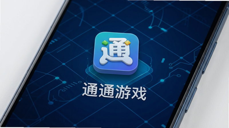 画面主体为安卓手机屏幕特写,屏幕中央显示“通通游戏”APP启动界面,背景为深蓝色科技网格,图标立体悬浮,布局简洁大气,排版居中,风格现代极简,细节清晰,画质高清,干净,无多余元素