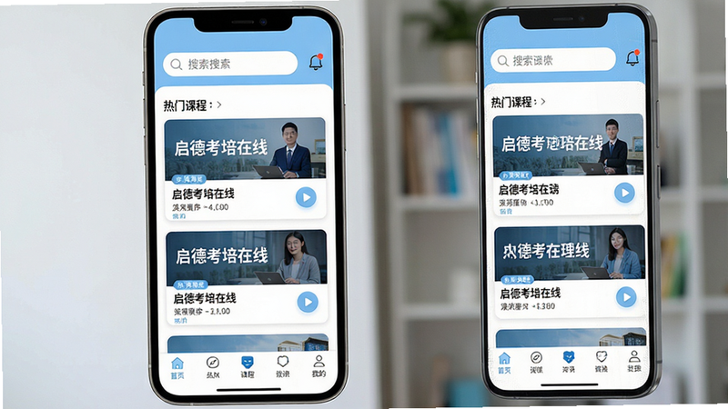 һ�Ÿ����ֻ�Ӧ�ý���չʾͼ������Ϊ�����¿������ߡ�APP��ҳ������������������ʾ��������֪ͨͼ�꣬�м�����չʾ���ſγ̿�Ƭ���������⡢����ͼ�Ͳ��Ű�ť���ײ�Ϊ������������ִ���Լ��ɫ���԰�ɫ��ǳ��ɫΪ����ϸ�ھ��£�����4k���޶���Ԫ��