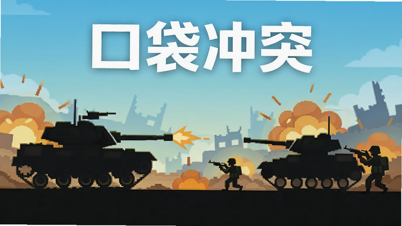主体为一款名为“口袋冲突”的手机游戏宣传海报,布局采用中心构图,中央展示激烈的战场剪影,排版简洁现代,风格为扁平化插画,细节包含坦克与士兵图标,画质高清,干净无多余元素
