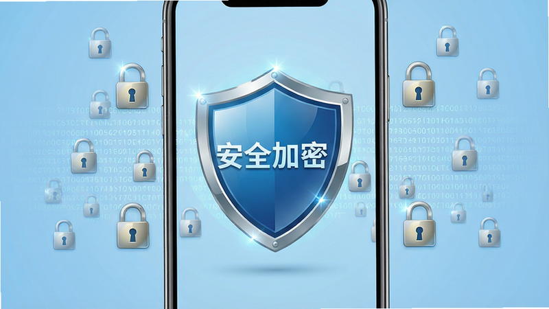 盾牌图标置于手机界面中央,周围环绕着锁形符号和加密代码流,背景为淡蓝色渐变,布局对称稳重,排版严谨,风格安全科技风,细节处有光泽反射,画质高清,干净,无多余元素,文字“安全加密”清晰