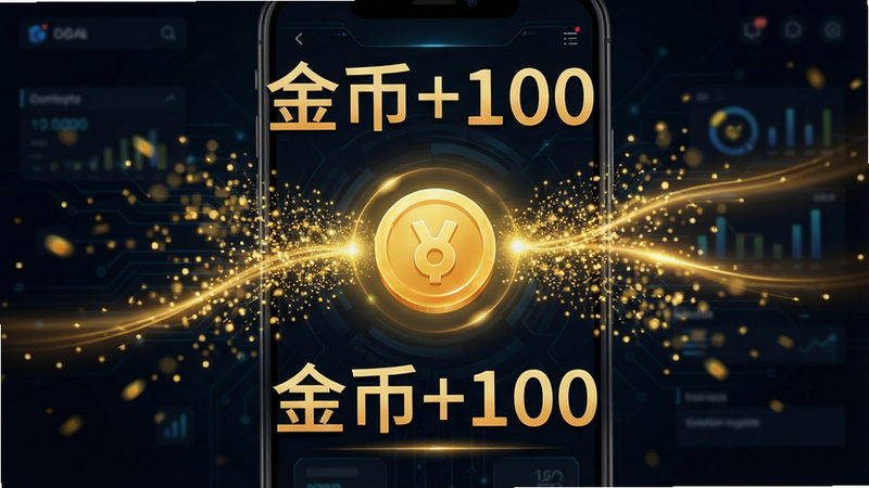 手机界面展示金币累积动画,金色粒子从屏幕中央向外扩散,背景为深色科技感UI,布局中心聚焦于金币图标,排版简洁,风格现代科技,细节处有流光效果,画质4k,干净,无多余元素,文字“金币+100”醒目显示