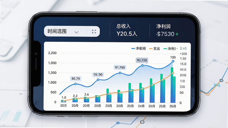 易企富财务分析报表界面,主体为手机屏幕显示折线图与柱状图组合,布局为上下结构,上方为时间范围选择器与核心指标(总收入、总支出、净利润),下方为趋势图表,排版数据导向明确,风格为科技感数据可视化,细节处体现坐标轴刻度与数据标签,画质精细,干净,无多余元素