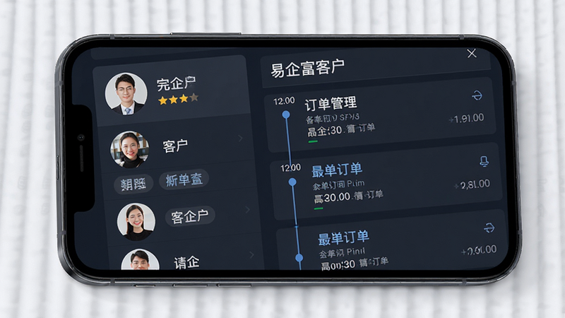 易企富客户与订单管理界面展示,主体为手机屏幕显示客户列表与订单详情混合视图,布局采用左右分栏或上下滚动结构,左侧为客户头像与标签,右侧为最近订单摘要,排版紧凑高效,风格为专业商务风,细节处体现客户等级星级标识与订单时间轴,画质高保真,干净,无多余元素