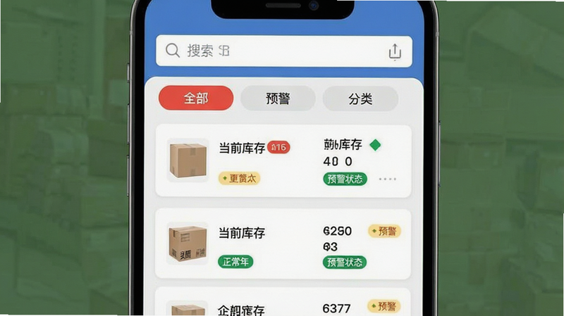 易企富库存管理功能界面预览,主体为手机屏幕显示库存列表页,布局为上下结构,上方为搜索框与筛选标签(全部、预警、分类),下方为商品列表卡片,每张卡片包含商品图片、名称、当前库存数量、预警状态标识,排版整齐有序,风格为简约UI设计,细节处突出红色预警标签与绿色正常状态标签,画质清晰,干净,无多余元素