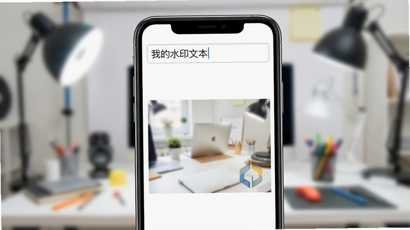 主体为手机界面展示水印编辑功能,屏幕中央显示一张照片,照片右下角有一个半透明的Logo水印,界面上方有输入框显示“我的水印文本”。背景为模糊的工作室环境,突出屏幕操作。风格为UI设计展示,色彩明亮,细节清晰,画质高,无多余干扰元素。
