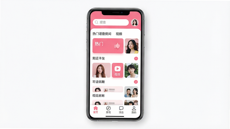 糖聊交友应用界面全景展示,主体为手机屏幕中央显示的应用主界面,布局清晰,顶部有搜索栏和用户头像,中间是热门语音房间列表,底部为导航栏包含首页、发现、消息、我的四个图标。风格为现代扁平化设计,色彩以粉色和白色为主色调,细节处有柔和的阴影效果,文字标签清晰可见,如“热门”、“附近”、“视频”等,画质高清,干净,无多余元素。