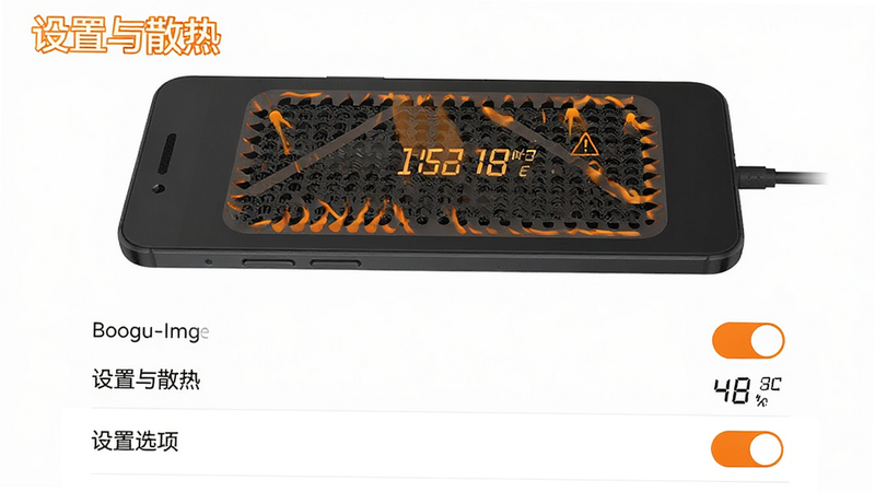 Boogu-Image 生成:主体为手机散热与设置界面示意图,布局上下结构,上方为手机背部散热状态,下方为设置选项列表,排版清晰,风格扁平化设计,细节展示温度数值与开关状态,画质高清,干净背景,无杂乱元素,文字标注
