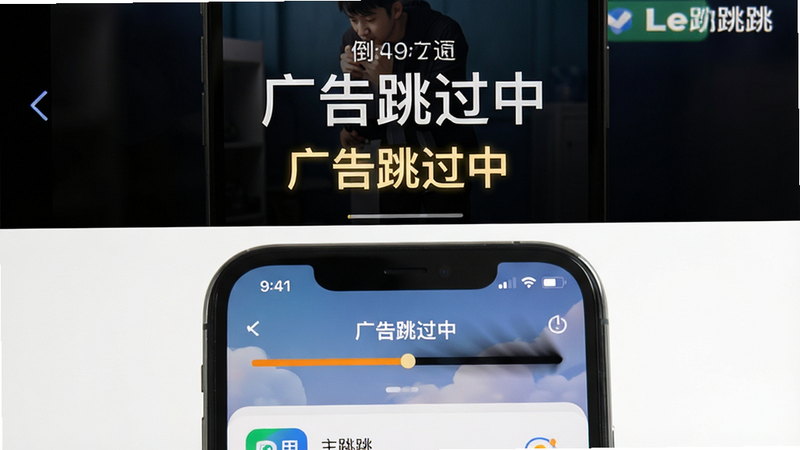 主体为手机屏幕界面,显示Lee跳跳正在自动跳过广告的过程,布局分为上下两部分,上部为倒计时消失的广告画面,下部为应用主界面,排版清晰,风格写实,细节展示进度条快速消失的效果,画质清晰,干净无多余元素,文字