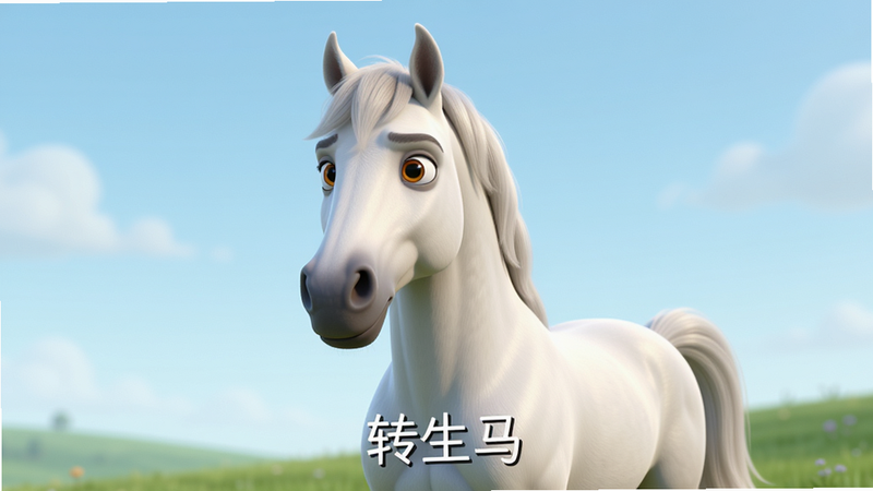 主体为一匹卡通风格的白色骏马,布局中心突出,背景为柔和的浅蓝色天空与草地,排版简洁,风格为3D渲染,细节丰富且毛发质感逼真,画质高清,干净,无多余元素,文字标签“转生马”位于下方居中