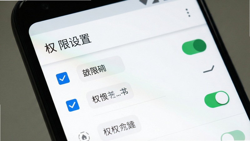 主体为手机设置界面特写,布局聚焦于权限管理列表,排版为标准Android风格,风格为极简UI,细节显示勾选框与开关状态,画质清晰,干净,无多余元素,文字标签“权限设置”在顶部