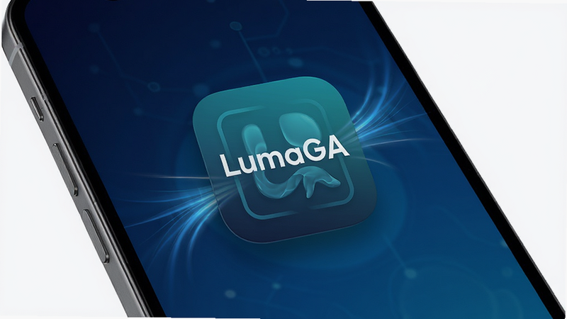 主体为LumaGA应用图标悬浮在手机屏幕中央,布局呈现极简主义风格,背景为深蓝色科技感渐变,排版清晰展示软件名称'LumaGA',细节处有光线流动效果,画质高清4k,干净无多余元素