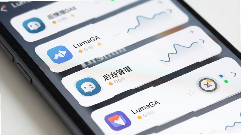 主体是手机后台任务列表界面,布局为卡片式设计,每个应用图标旁有状态指示灯,排版整齐有序,风格为扁平化UI设计,细节处显示'LumaGA 后台管理',画质柔和,干净无冗余装饰