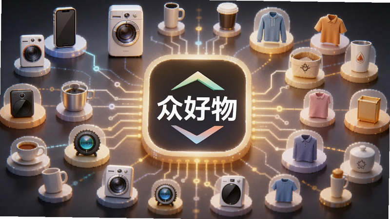 一张概念图,展示一个智能算法推荐系统正在筛选商品,中间是一个发光的“众好物”Logo,周围环绕着各种生活消费品图标,如手机、家电、衣物等,风格科技感与温馨感结合,布局中心对称,细节丰富,高清画质,无杂乱背景