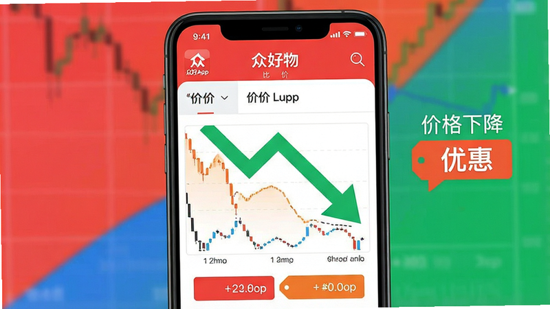 一张展示价格曲线对比的图表设计,背景为众好物App的比价页面截图,突出显示价格下降的绿色箭头和优惠标签,风格扁平化,色彩对比鲜明,布局清晰,强调数据可视化,画质细腻,无多余装饰