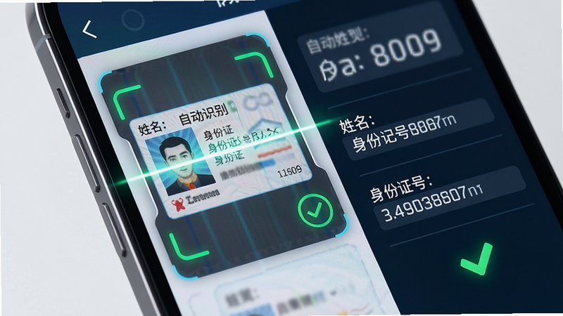 主体为手机界面特写,显示身份证识别框与自动填充的姓名、身份证号信息。布局为左右分栏,左侧为证件预览,右侧为数据表单。排版紧凑,风格科技感,细节包括扫描线动画效果、绿色对勾标识。画质清晰,干净,无杂乱背景。