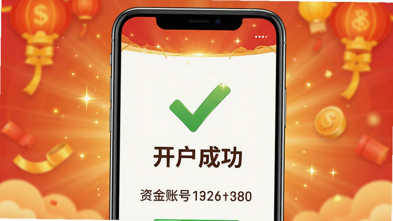 主体为手机界面显示“开户成功”提示页,绿色对勾图标,下方显示资金账号。布局为中心式,风格喜庆成功,细节包括光效、文字清晰。画质高清,干净,无多余元素。