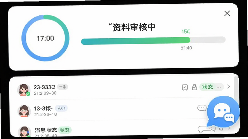 主体为进度条界面,显示“资料审核中”状态,旁边有客服聊天窗口图标。布局为上下结构,上方为进度环,下方为消息列表。排版有序,风格友好,细节包括时间戳、状态标签。画质清晰,干净,无冗余信息。