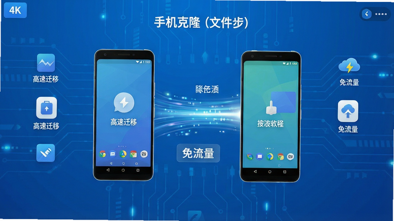 手机克隆(文件同步)软件界面全景展示,主体为蓝色科技感背景,中央悬浮两部安卓手机,一部发送端一部接收端,中间有高速数据流光连接,布局对称平衡,排版简洁现代,风格扁平化设计,细节包含图标清晰可见,画质4k高清,干净无多余元素,文字标注