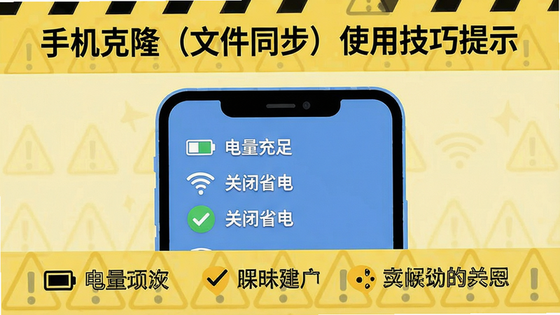 手机克隆(文件同步)使用技巧提示图,主体为手机屏幕显示注意事项列表,背景为淡黄色警示色调,布局为上下结构,顶部为标题,底部为具体建议,风格扁平插画,细节包含电池图标、Wi-Fi图标和勾选标记,画质清晰,干净无多余元素,文字标注