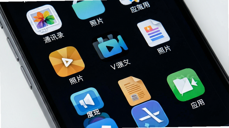 手机克隆(文件同步)数据分类展示,主体为手机屏幕界面,显示多种文件类型图标如照片、视频、文档、应用,布局为网格状排列,排版整齐有序,风格简约科技,细节包含每个图标下方的文字标签,画质高清,干净无多余元素,文字标注