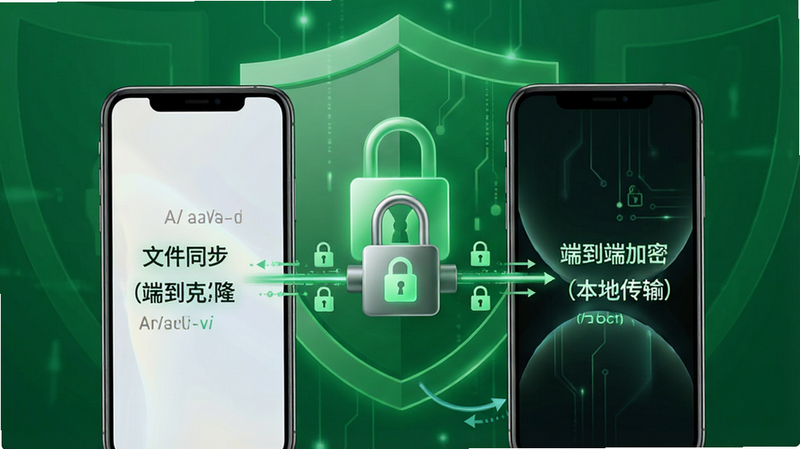 手机克隆(文件同步)安全传输示意图,主体为两部手机通过加密锁连接,背景为绿色安全盾牌图案,布局中心突出,排版简洁明了,风格信任科技,细节包含数据传输的加密符号,画质高清,干净无多余元素,文字标注