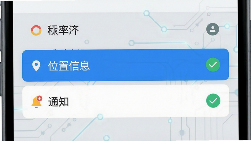 生成一张手机设置界面的示意图,主体为权限管理列表,高亮显示“位置信息”和“通知”权限,背景为浅灰色科技风,排版清晰,风格扁平化,细节包括对勾图标,画质清晰,干净无多余干扰元素