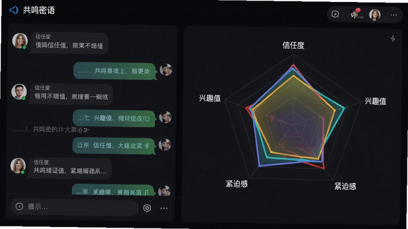 展示“共鸣密语”应用内的情绪分析仪表盘,界面左侧是模拟的聊天对话流,右侧是对应的三维情感雷达图,雷达图上有五个维度标签,如“信任度”、“兴趣值”、“紧迫感”等,图表线条流畅,色彩鲜明,背景为深色模式,突出数据的可视化效果,高清细节,无水印