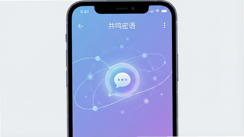 一张现代简约风格的安卓手机界面截图,屏幕显示着“共鸣密语”应用的主界面,主色调为柔和的蓝紫色渐变,界面中心有一个发光的对话气泡图标,周围环绕着代表情感分析的抽象线条和节点,背景干净无杂乱元素,高清,无多余文字,体现科技感与亲和力