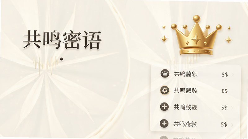 一张概念图,展示“共鸣密语”应用的会员界面,金色皇冠图标醒目地显示在右上角,下方列出各项高级功能清单,背景为淡雅的米白色,字体清晰易读,整体风格高端大气,传达出尊贵服务感,高清,无杂乱元素