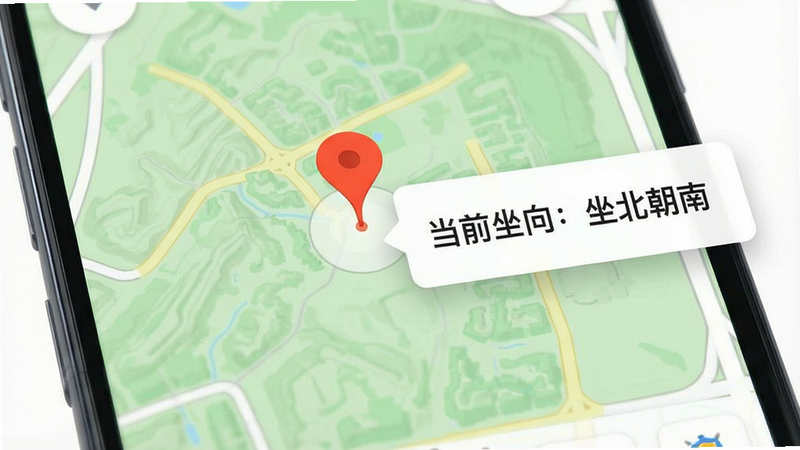 手机地图界面截图,地图上有一个红色的定位标记,旁边弹出一个卡片显示“当前坐向:坐北朝南”,背景为淡绿色的地图纹理,界面简洁,高清,无多余元素