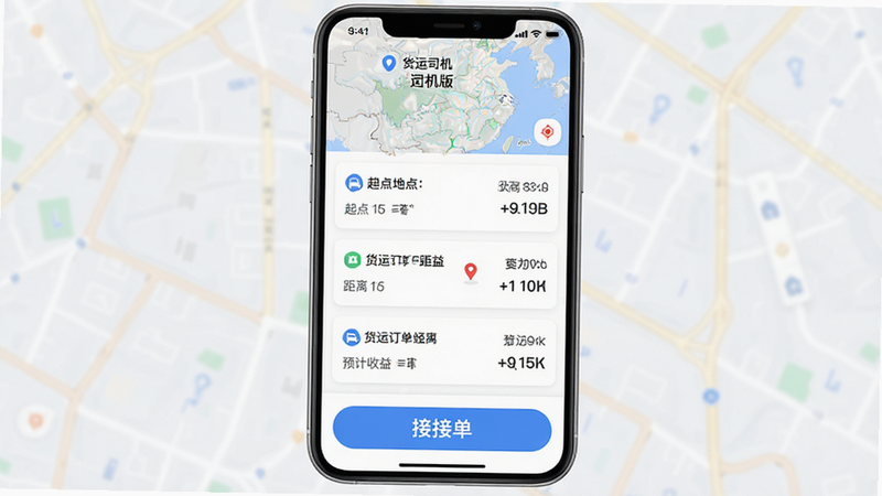 主体为手机应用界面截图,布局清晰,顶部显示地图背景,中部列出三条货运订单卡片,包含起点终点、距离、预计收益,底部有大号接单按钮,风格现代简约,细节丰富,文字包含