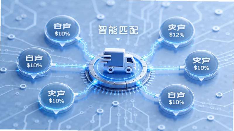 展示算法匹配逻辑的示意图,中心是卡车图标,周围环绕着不同距离和价格的订单气泡,通过线条连接,背景为淡蓝色科技风,文字标注